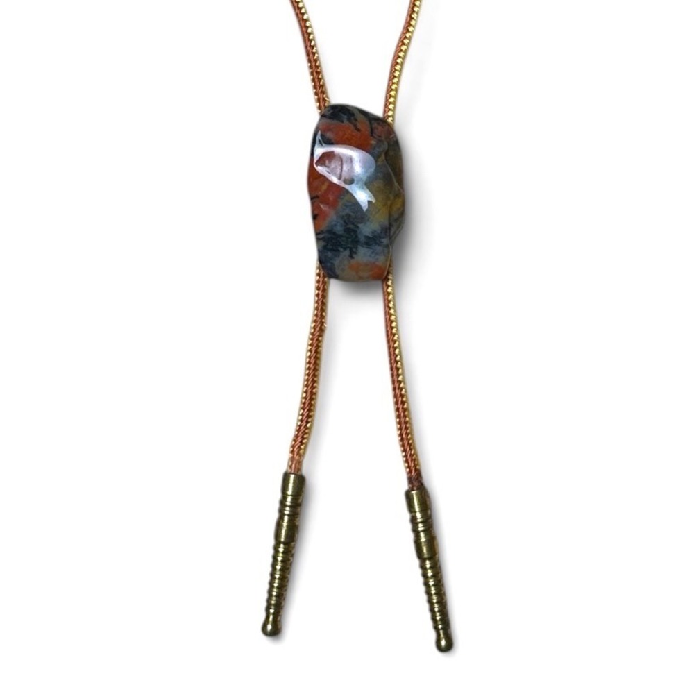 Vintage Western Natural Stone Jasper Bolo Tie Gold Copper Metallic Cord Brass
